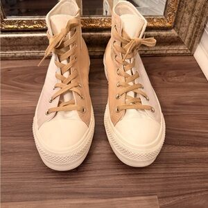 Casual Tan and Cream High-Top Sneakers